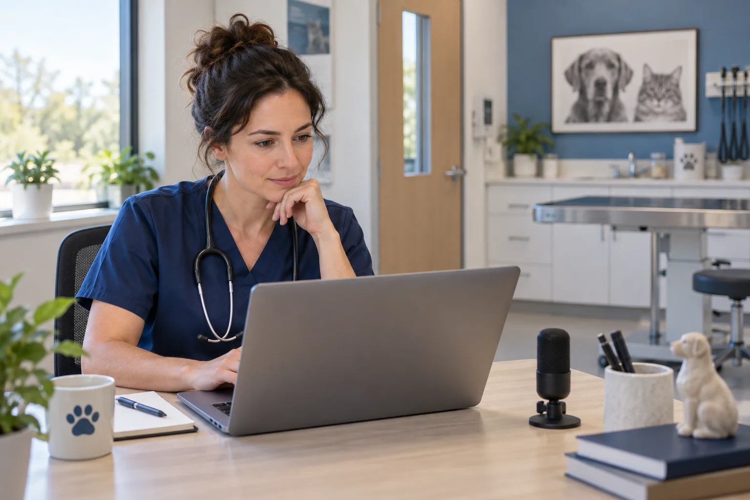 A veterinarian reviews a note on a laptop beside a desktop microphone.