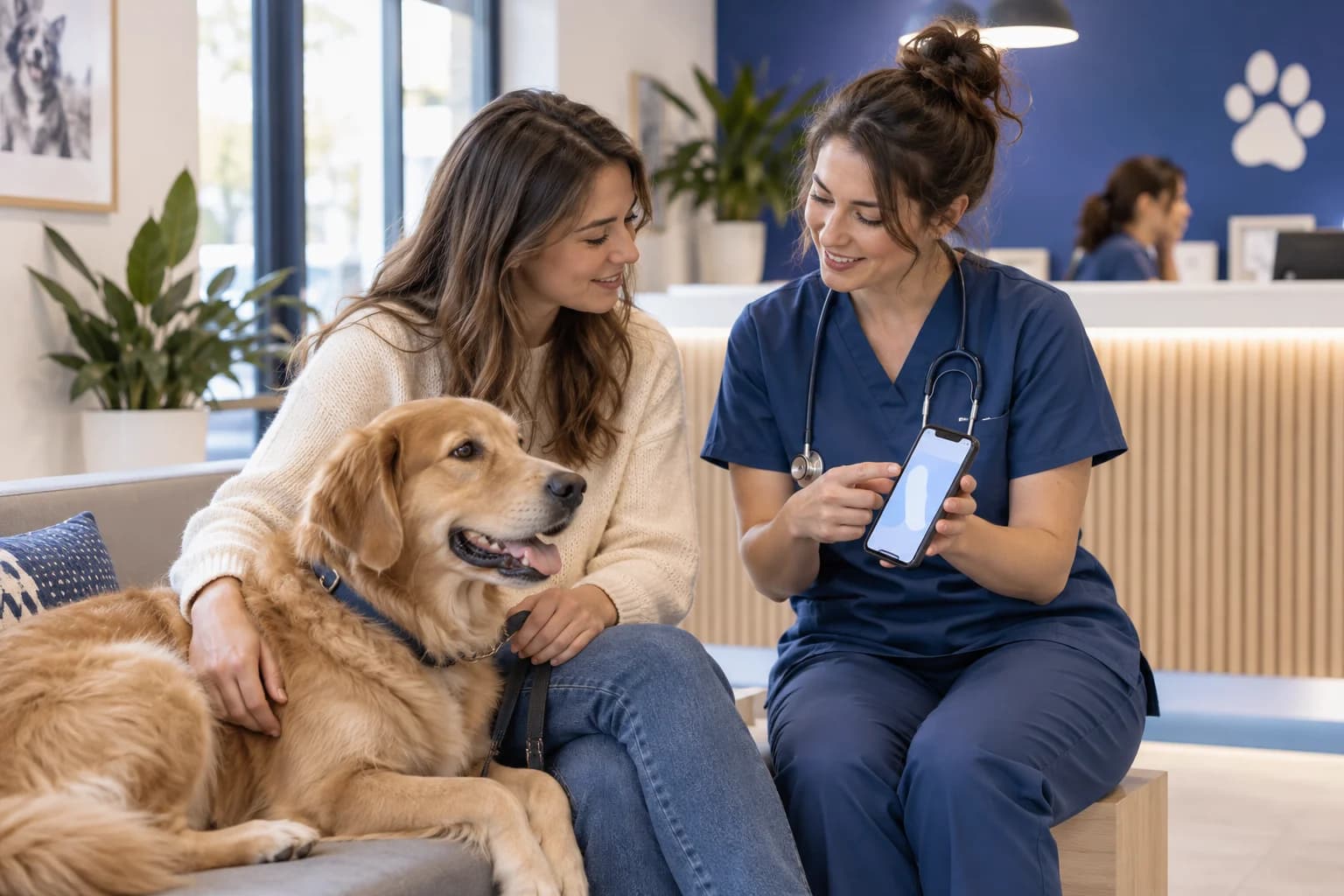 A clinic team member shows a phone screen to an owner seated with a dog.