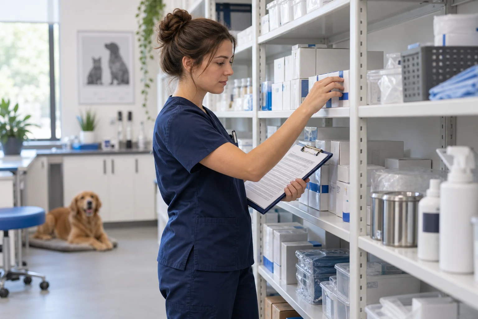 A clinic team member counts sealed supply boxes and records the count on a clipboard.