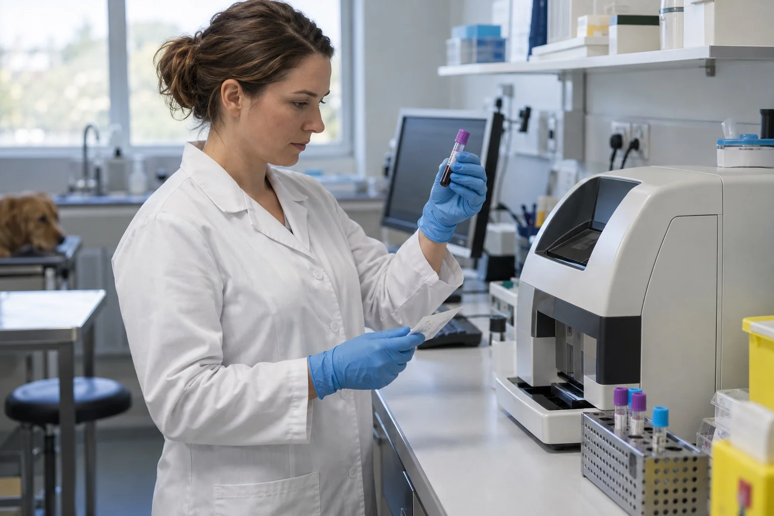 A laboratory team member checks a capped specimen tube against an identification slip.