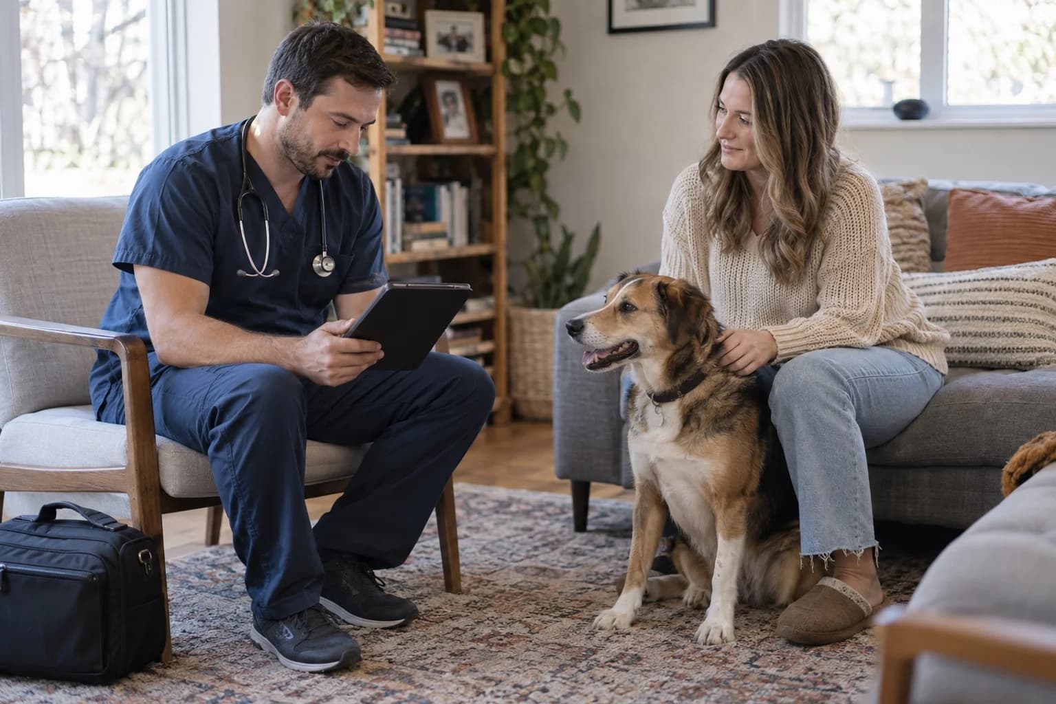 A veterinarian reviews a tablet during a home visit beside a dog and its owner.