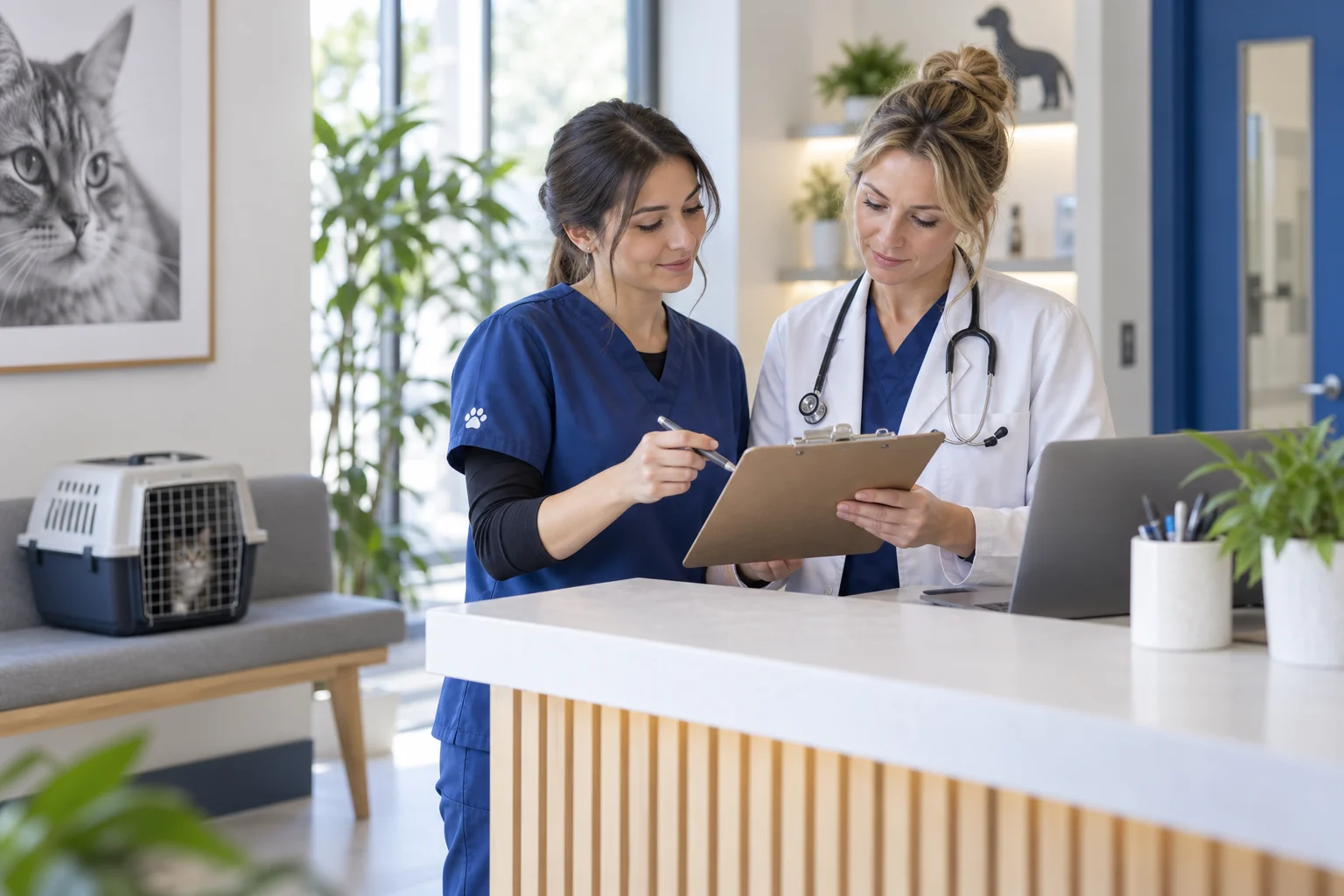 Two clinic team members review an intake form at the reception desk.