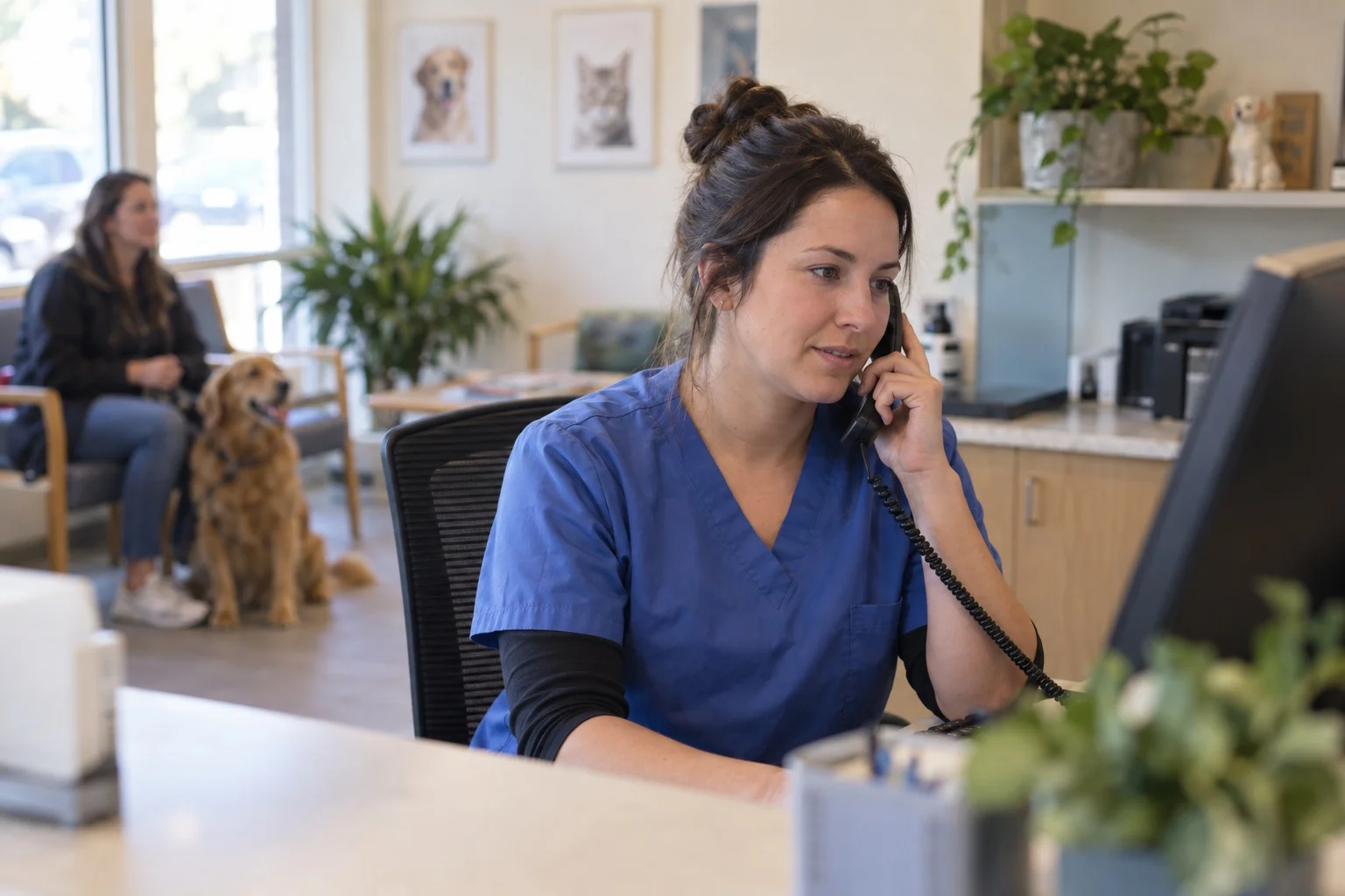 A receptionist makes a phone call while a client waits with a dog in the background.