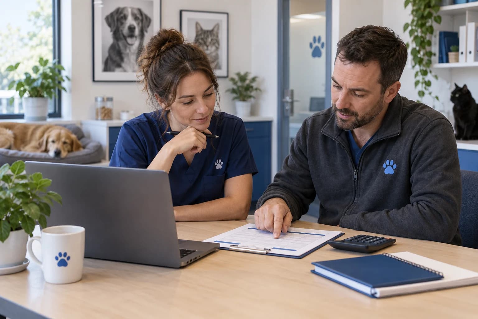 Two practice managers compare a budget using a printed worksheet and calculator.