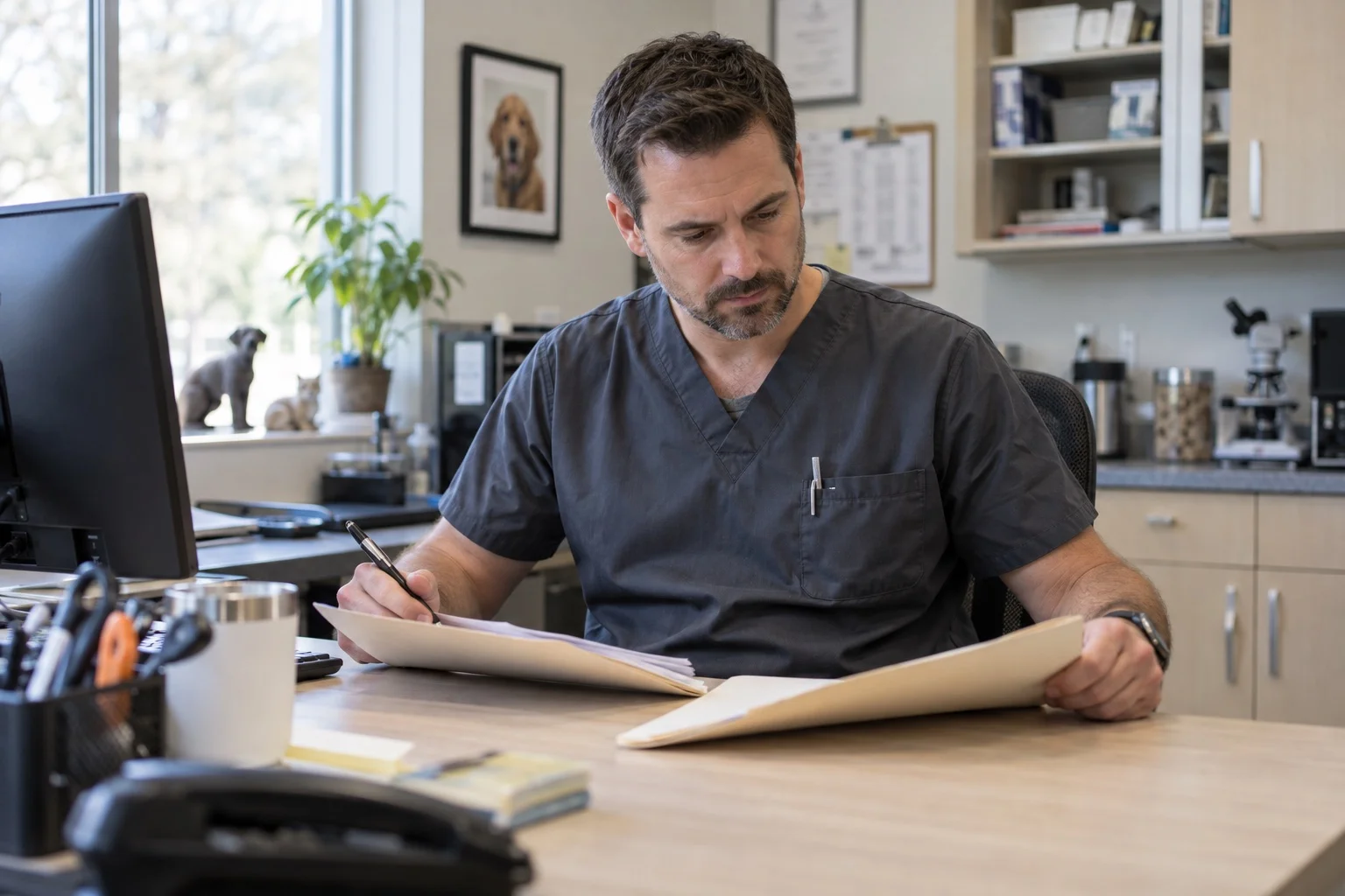A practice team member compares two paper folders and takes notes at a desk.
