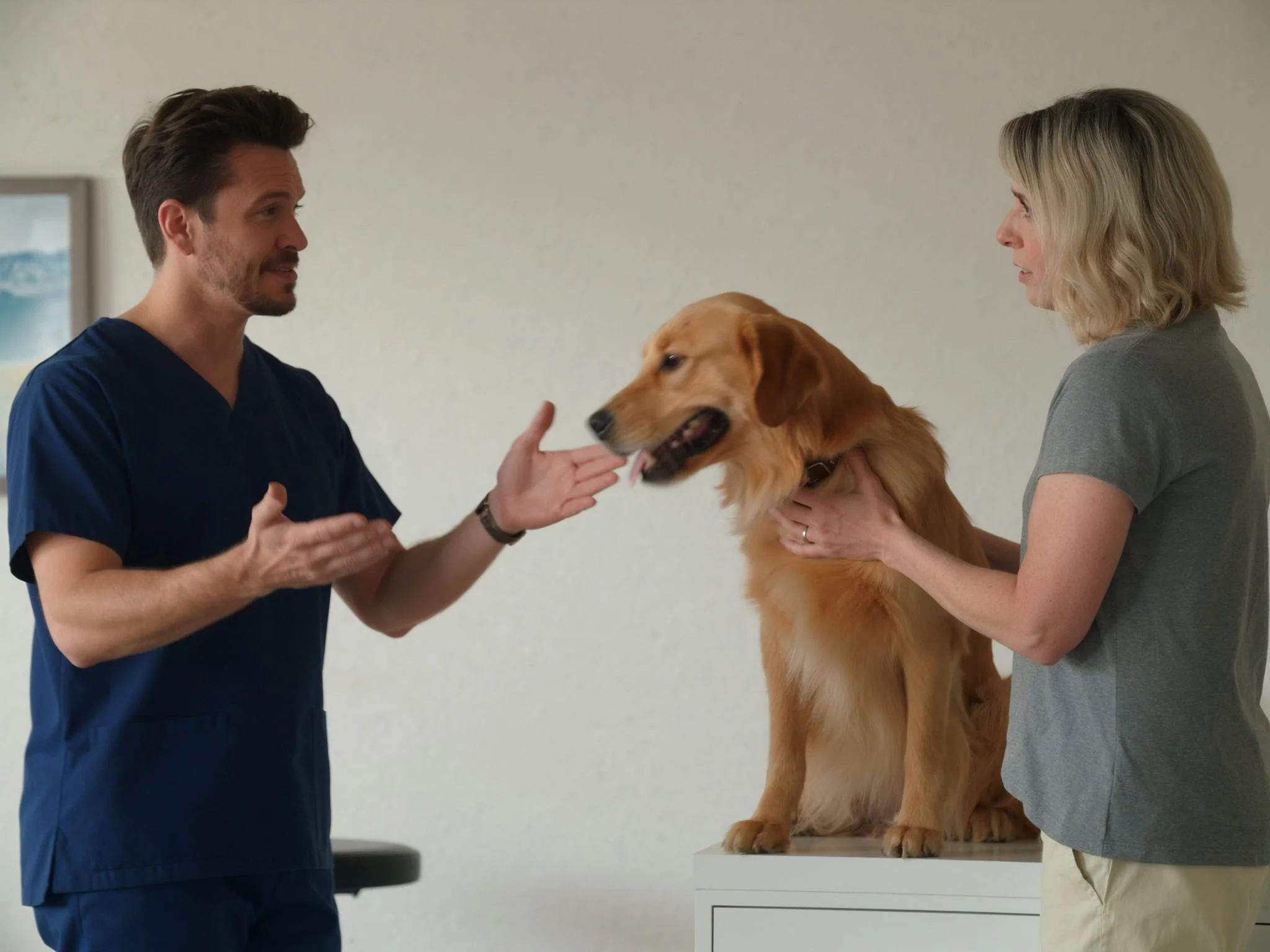 Aydınlık bir klinikte hasta sahibi ve köpeğiyle konuşan veteriner hekim