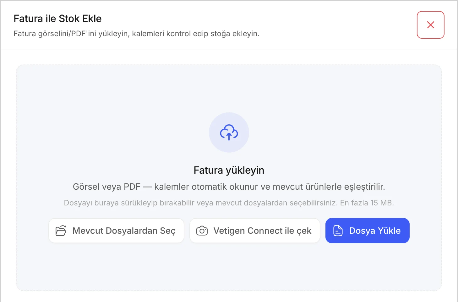 Connect’te görsel veya PDF yükleyerek fatura kalemlerini stoğa aktarma ekranı