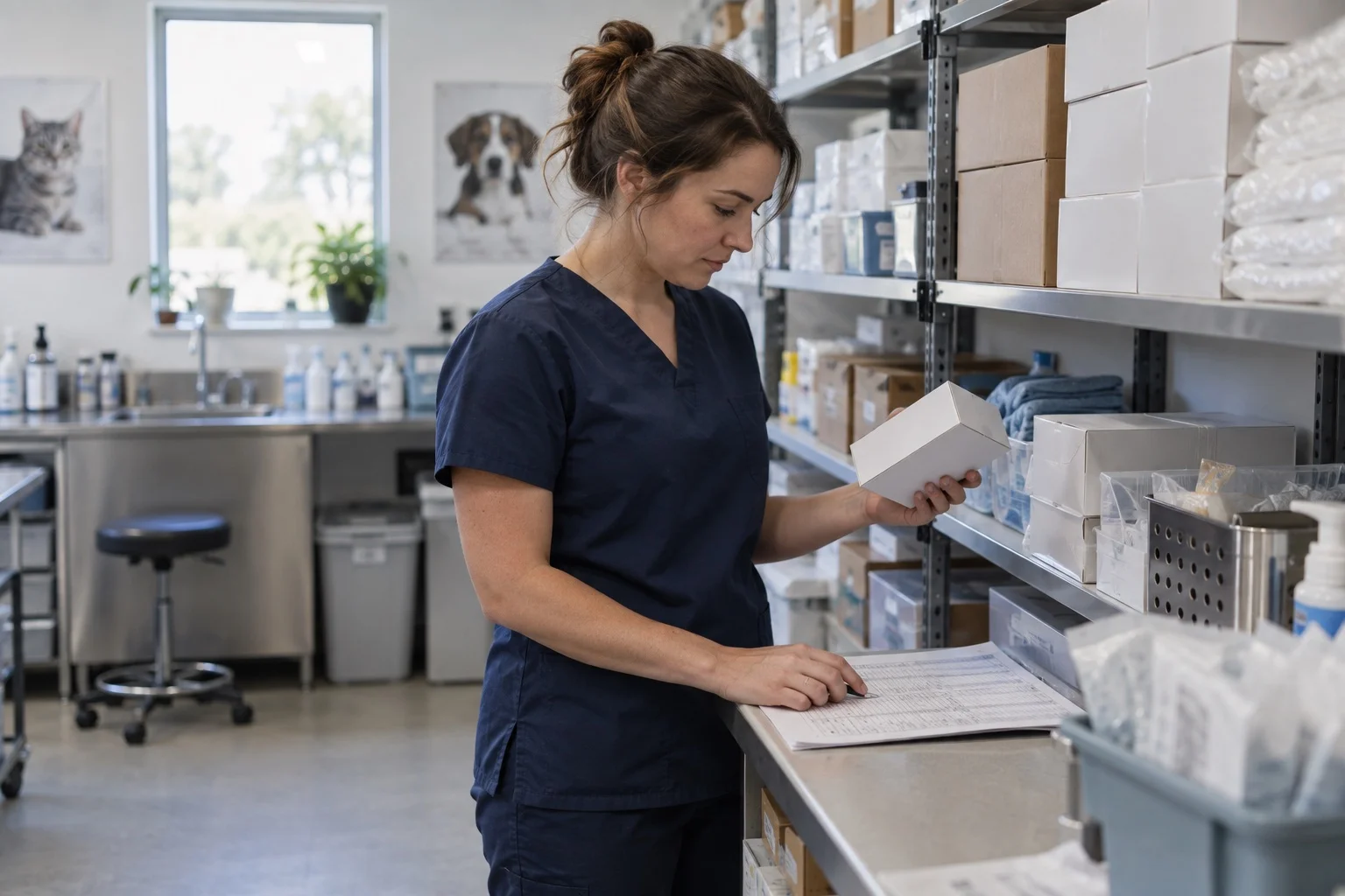 A clinic team member compares a supply box with a stock sheet in a veterinary storeroom.