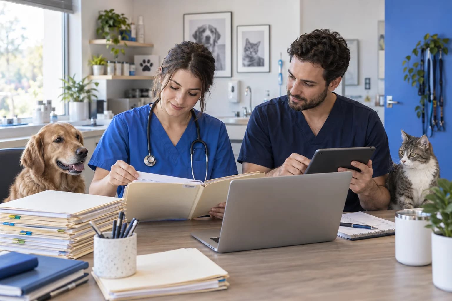 A clinic team reviews folders alongside records on a laptop.