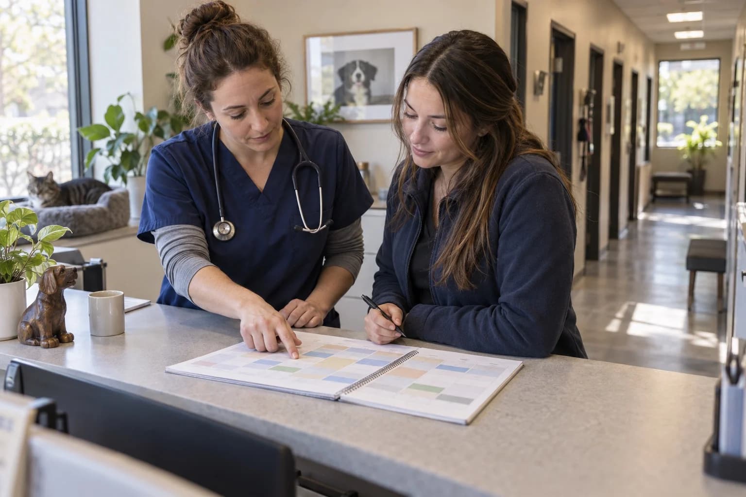 Two clinic team members review a printed weekly planner at the reception counter.