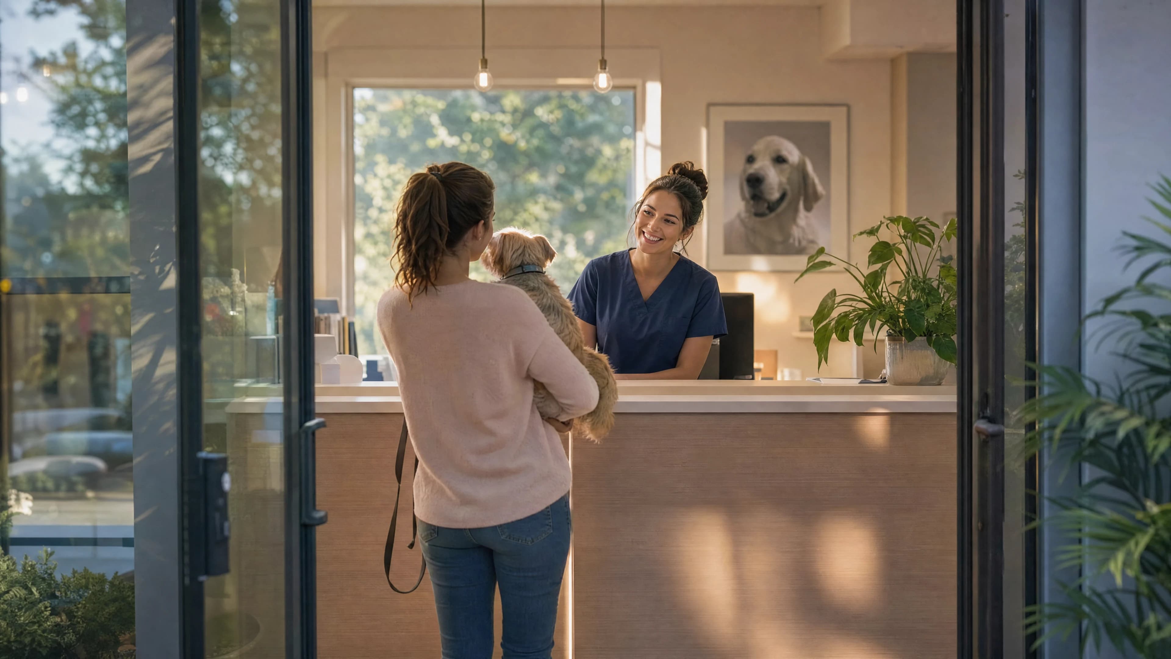 A veterinary clinic reception seen through the open door in morning light