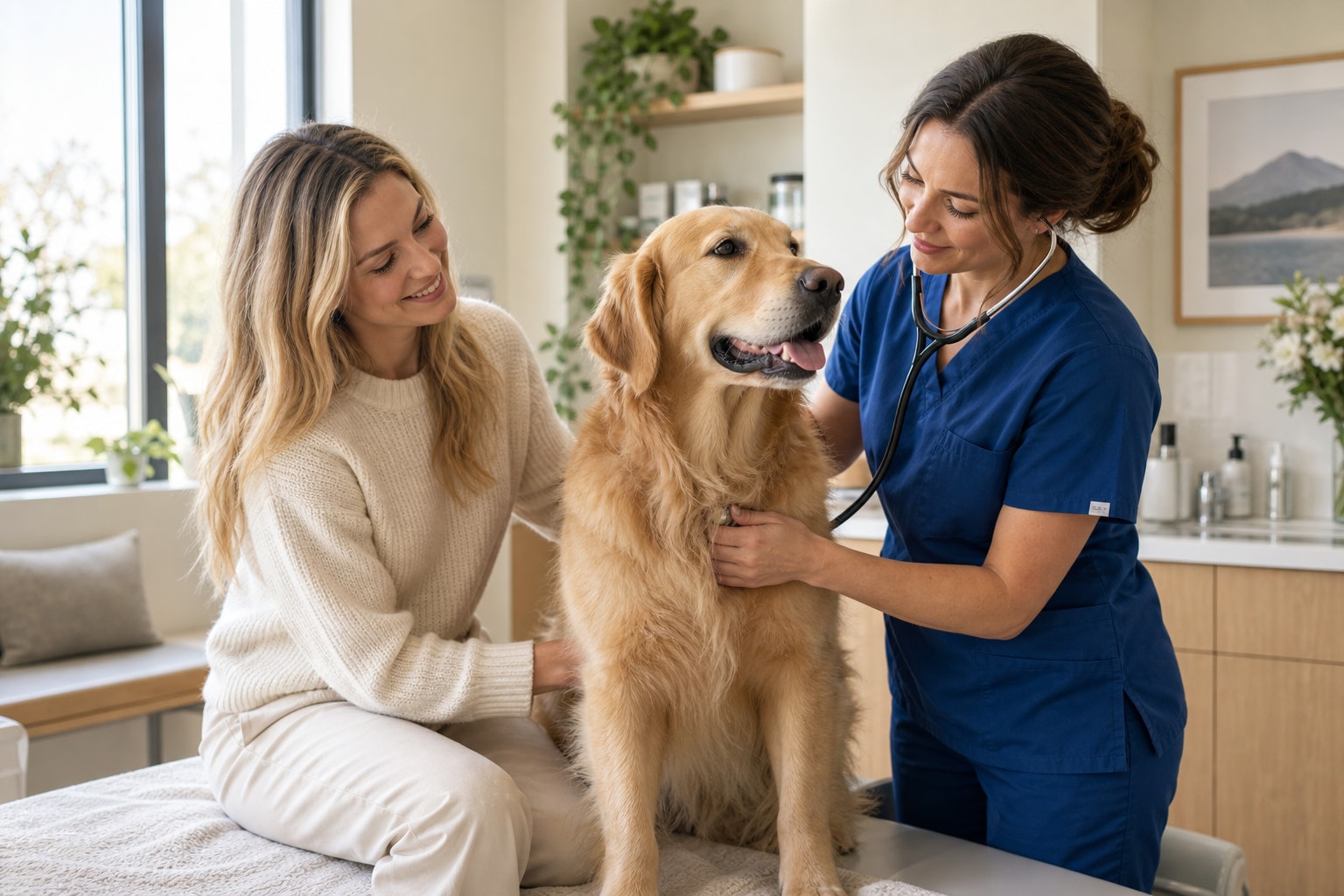Veteriner hekim, kliniğe gelen Golden Retriever köpeği sahibinin yanında muayene ediyor.