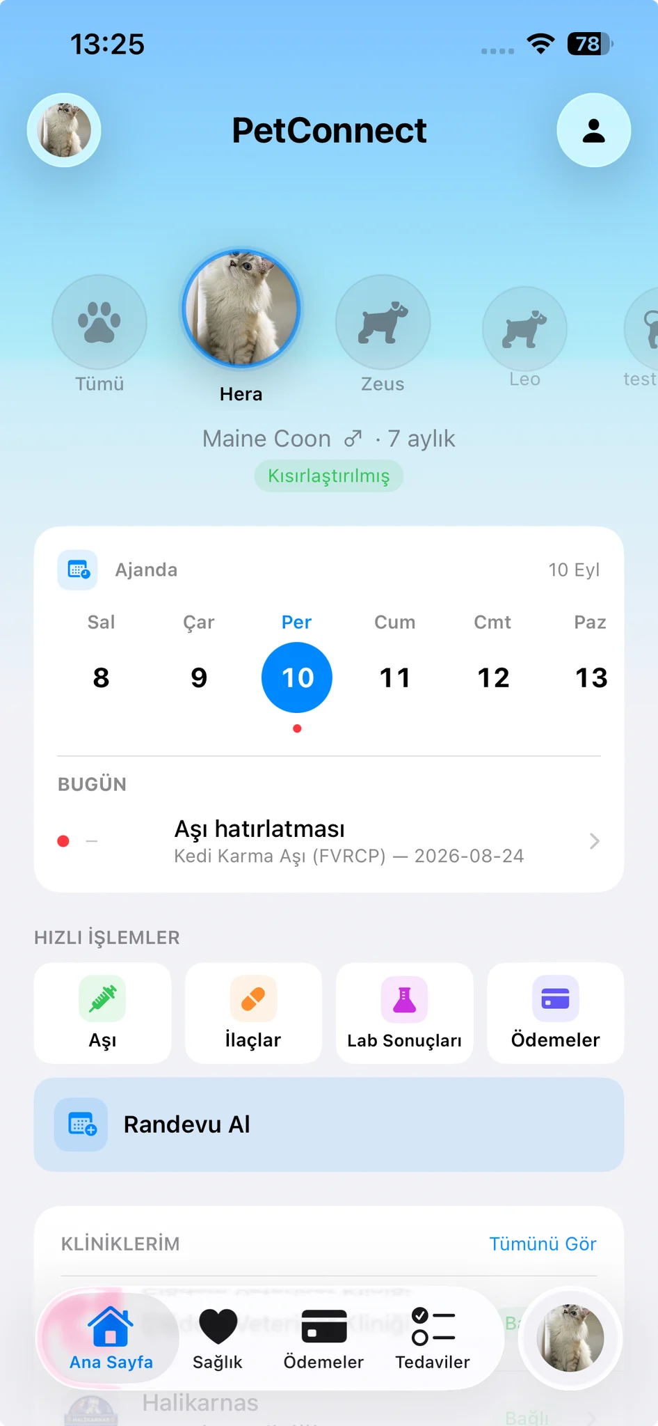 PetConnect ana ekranında evcil hayvan profili, ajanda, aşılar ve laboratuvar sonuçları.