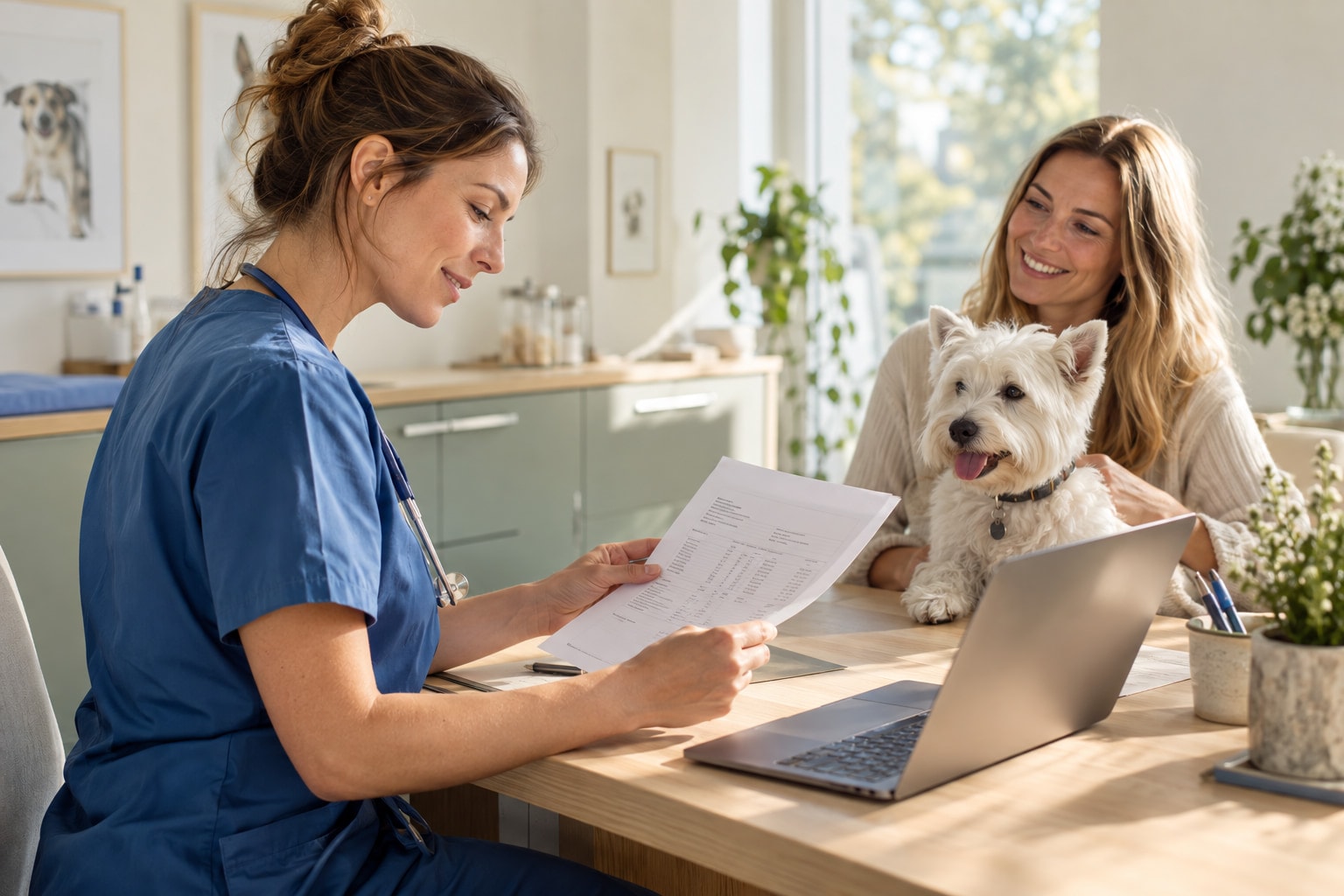 Klinik çalışanı, hasta sahibi ve köpeğinin yanında raporu ve bilgisayardaki kaydı inceliyor.