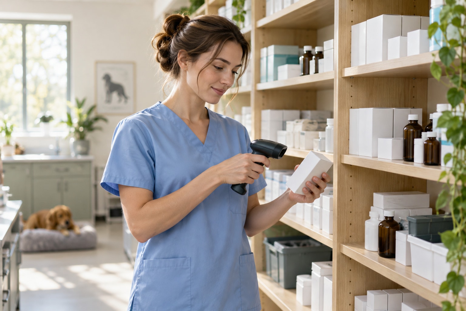 Klinik çalışanı stok odasında ürün kutusunun barkodunu okutuyor.