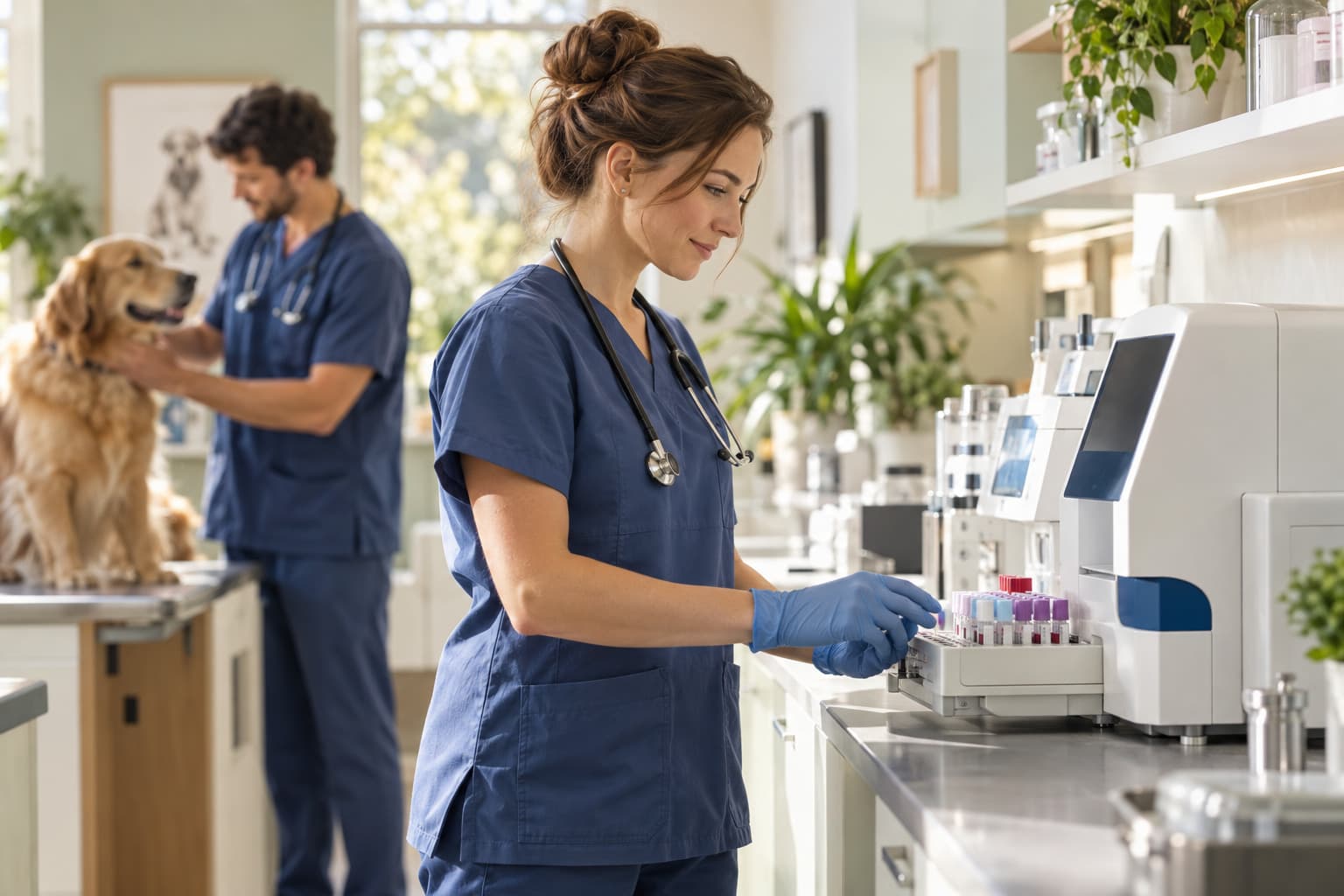 Veteriner kliniğinin laboratuvarında numuneleri analiz cihazında inceleyen hekim.