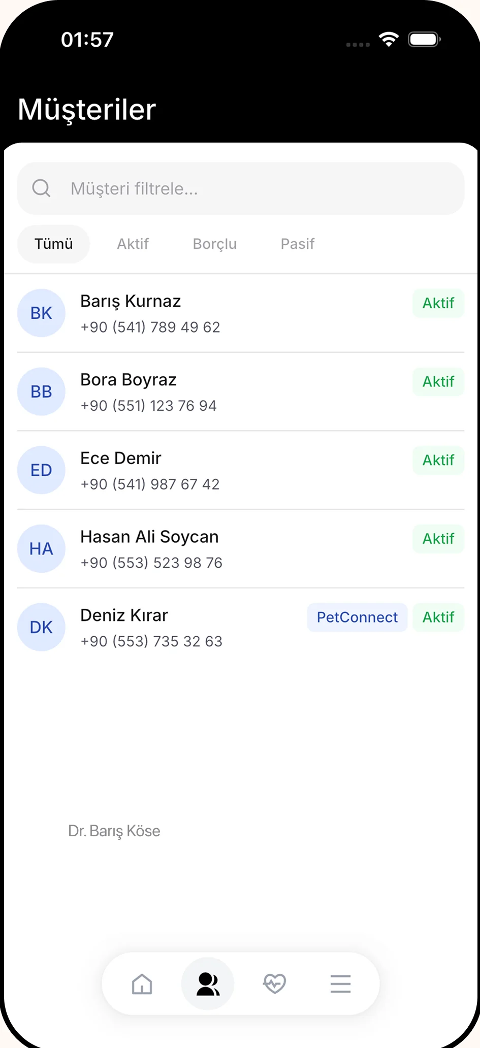 Vetigen Connect mobil uygulamasında müşteri ve hasta listesi