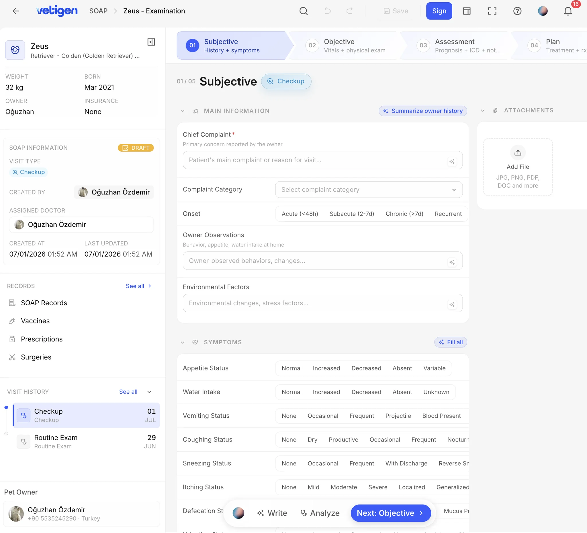 Vetigen Connect web panelinde SOAP muayene kaydı ve dosya ekleri