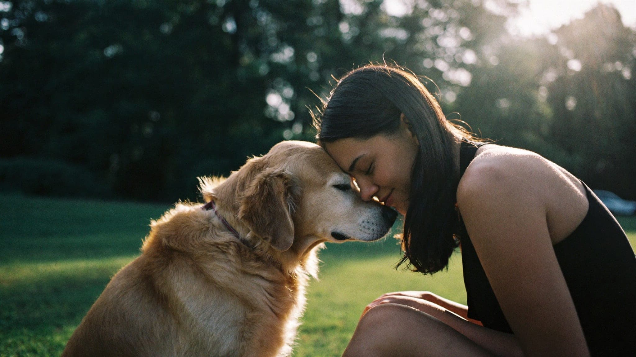 Sahibiyle alın alına huzurlu bir köpek