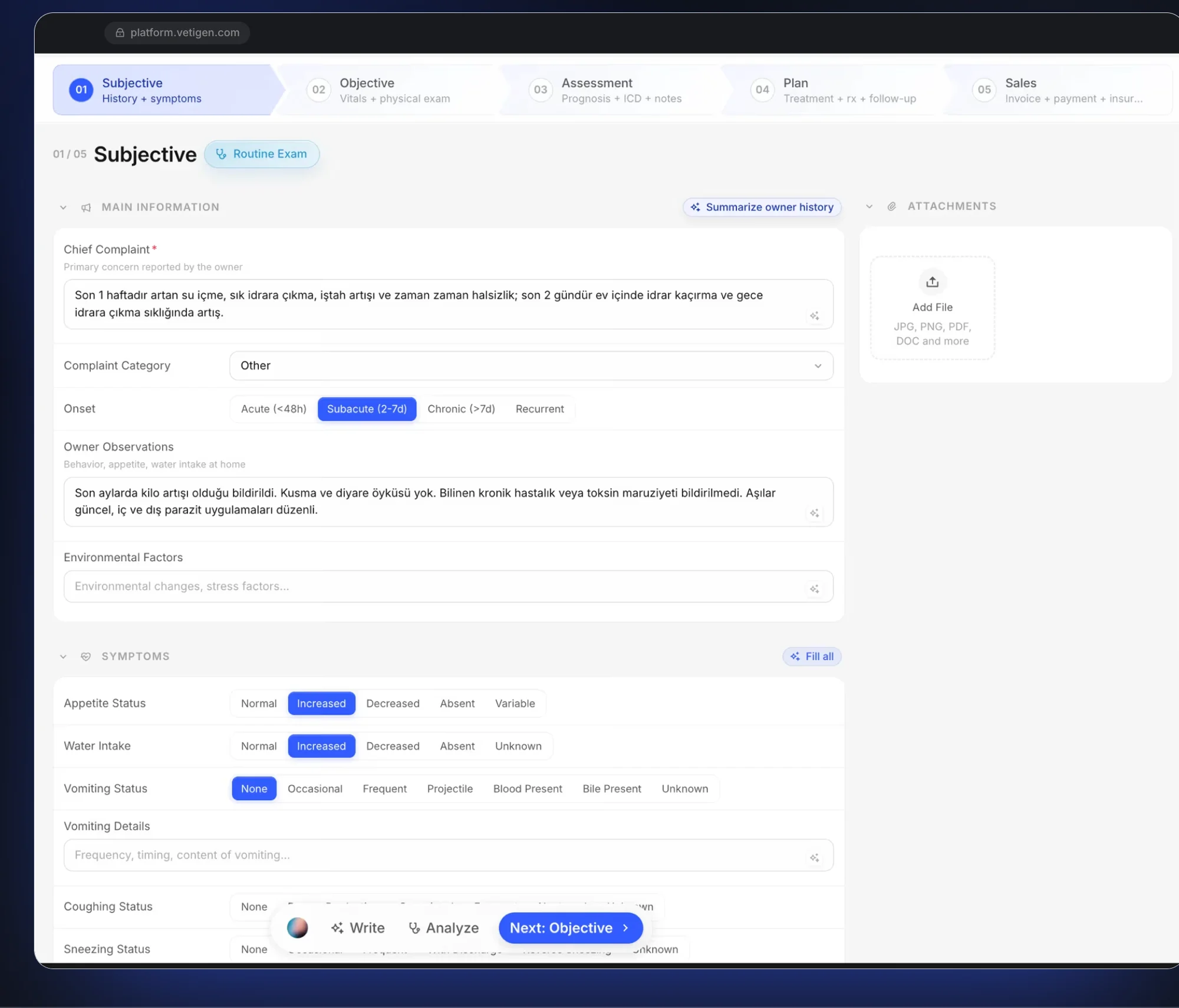 Vetigen Veterinary AI Scribe — history, complaint, and symptom fields