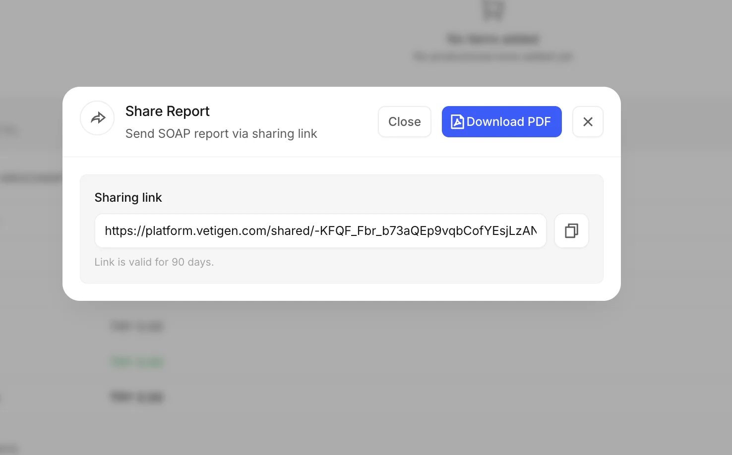 Share report dialog with a generated sharing link