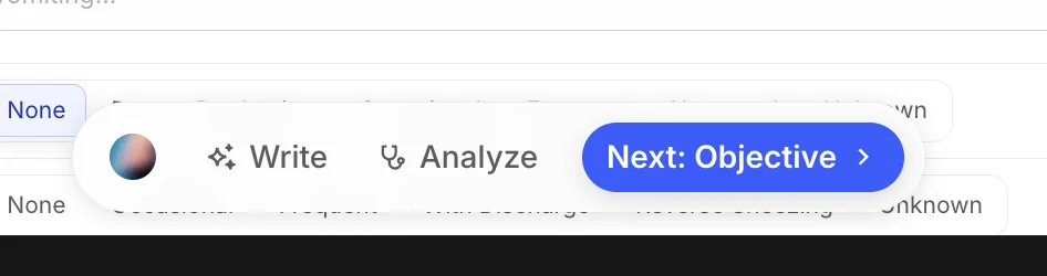 Veti toolbar — Write, Analyze and next step