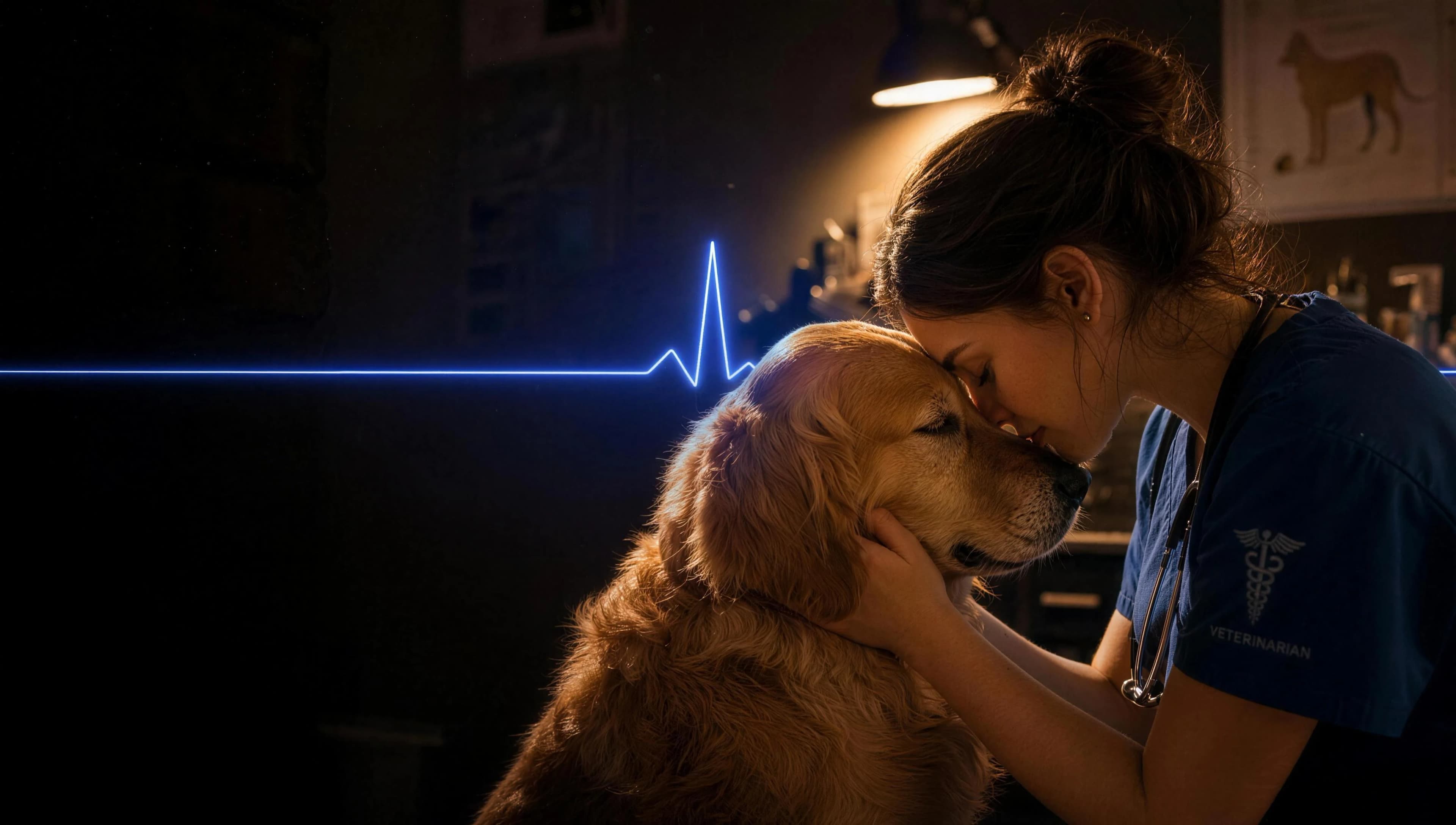 A veterinarian resting her forehead against a golden retriever